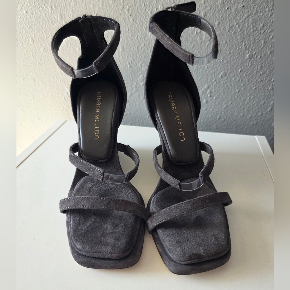 Tamara Mellon Dark Gray Suede Strappy Heeled Sandals